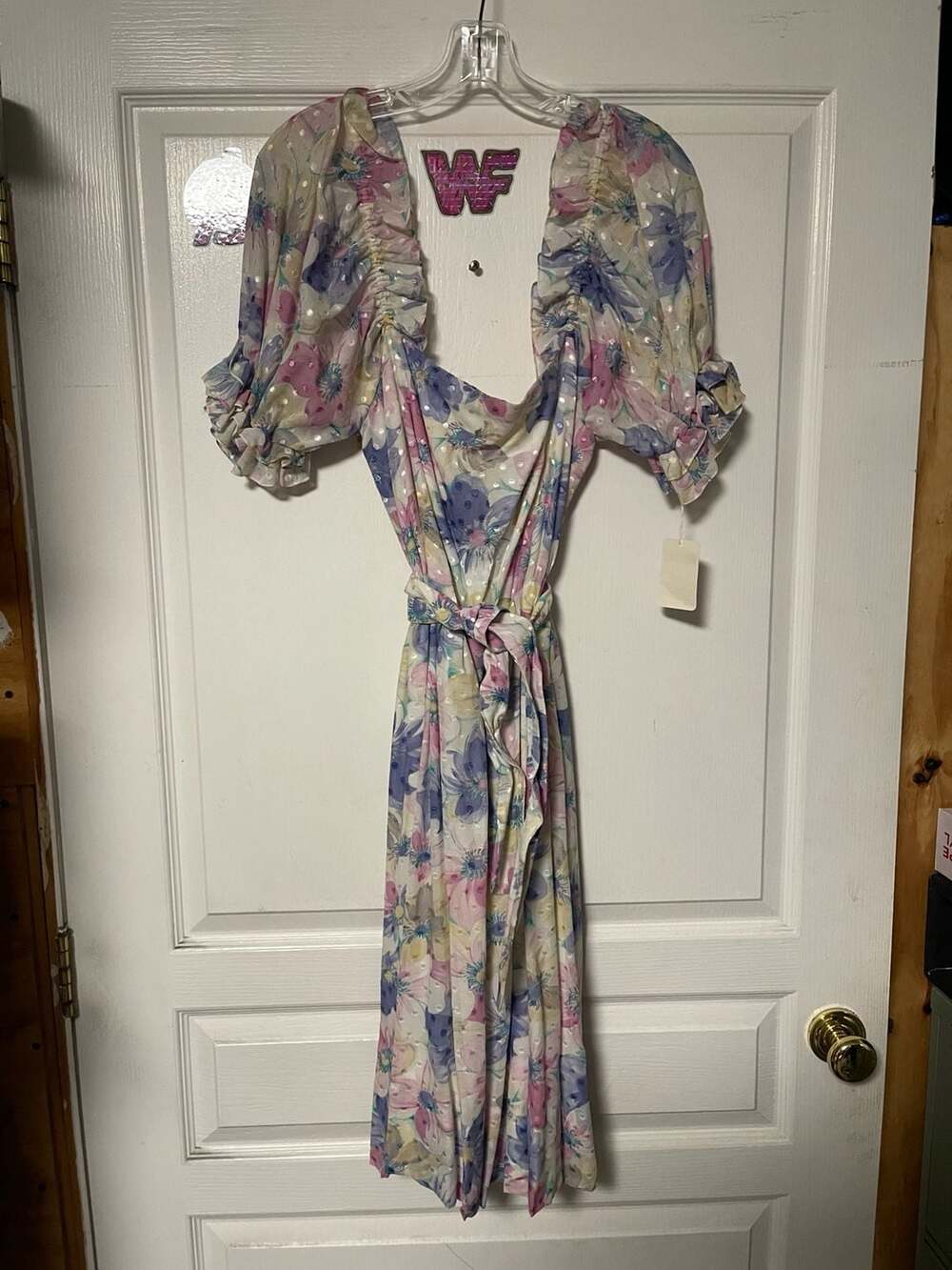 Vintage Mariko Floral Puff Sleeve Pastel Maxi Dress with Belt